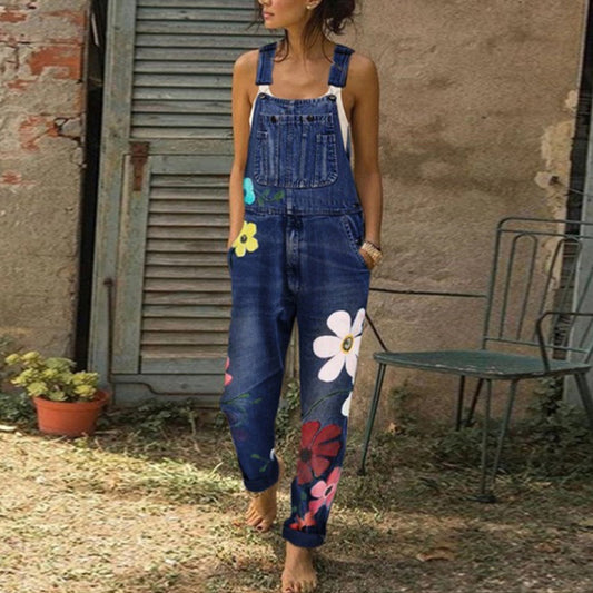 Denim Overall Dam – Klassisk Högmidjad Jeansjumpsuit med Lös Passform, Raka Ben & Unik Printdesign