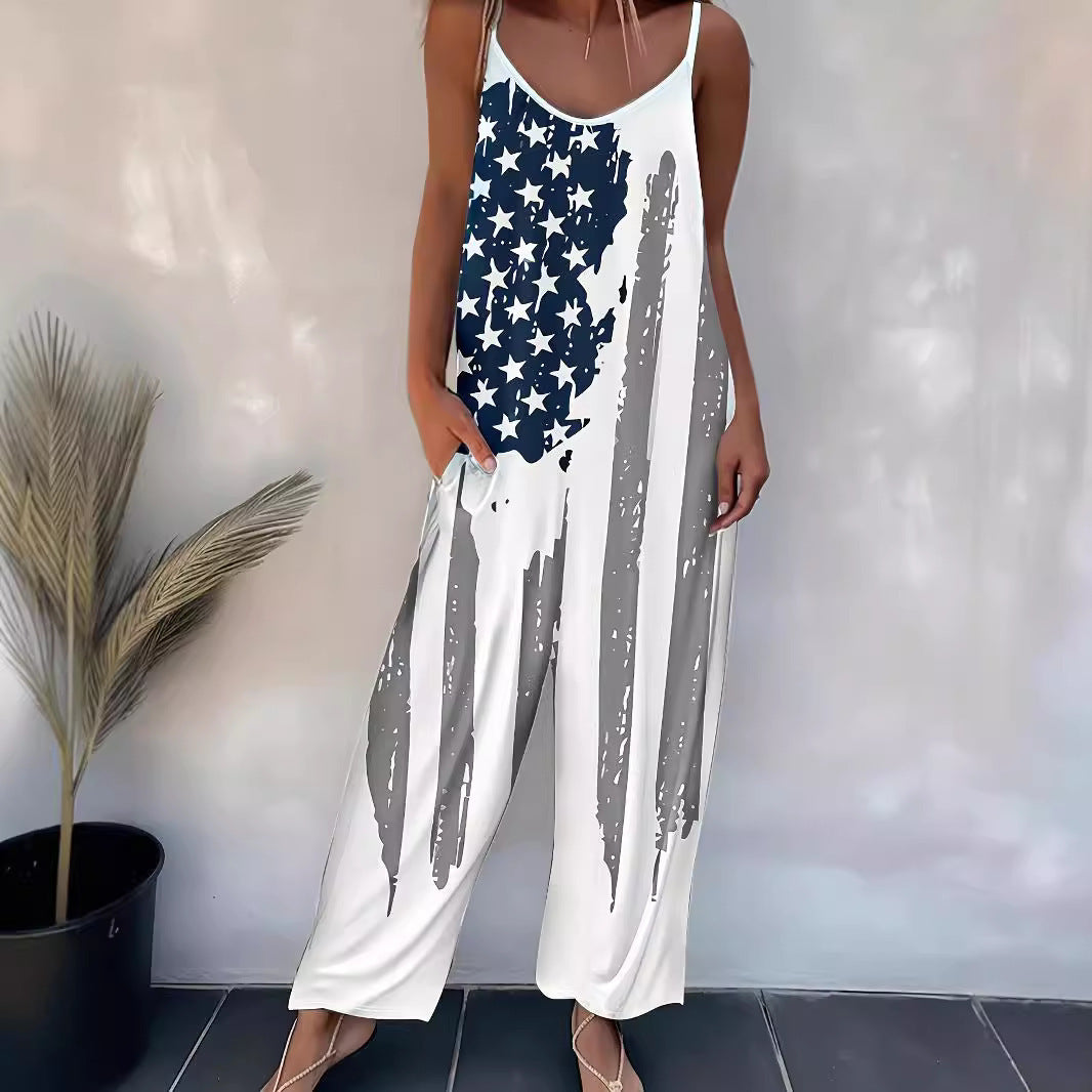 Damjumpsuit – casual byxdress med mönster & smala axelband