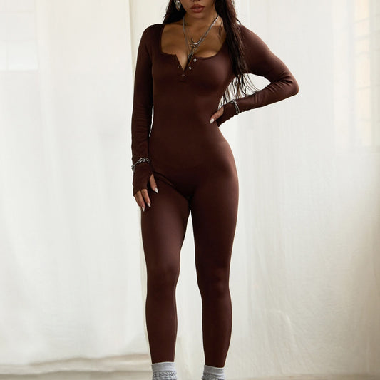 Yoga Jumpsuit för Dam – Långärmad One Piece med Fyrkantig Ringning & Knäppning