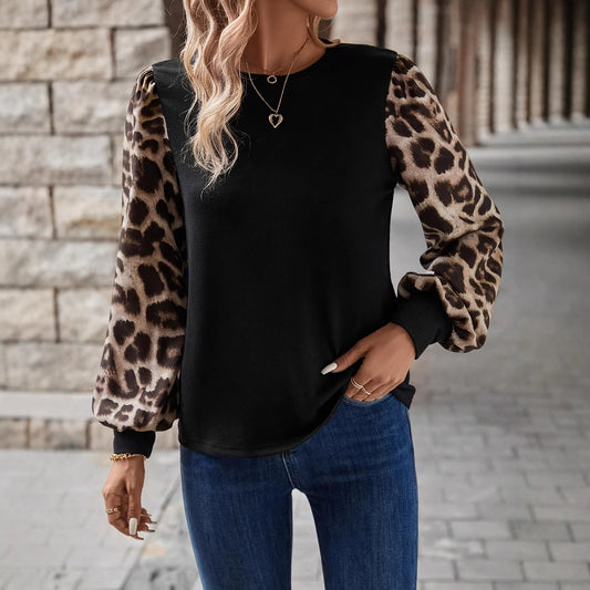 Damtröja – långärmad rundhalsad modell med leopardmönster & sömdetaljer i europeisk/amerikansk stil