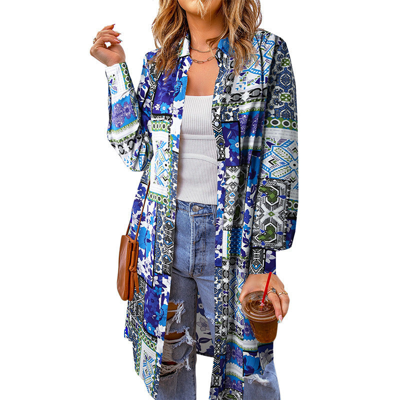 Kimono/Cardigan för Dam – Bohemisk Stil med Print, Lös Passform & Slagkrage