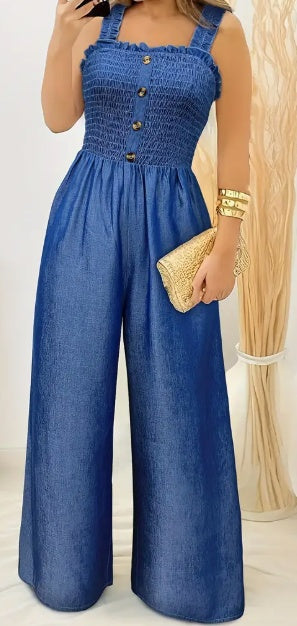Jumpsuit dam – stilren ärmlös byxdress med rynkdetaljer, knappar & vida ben, perfekt för vår & sommar