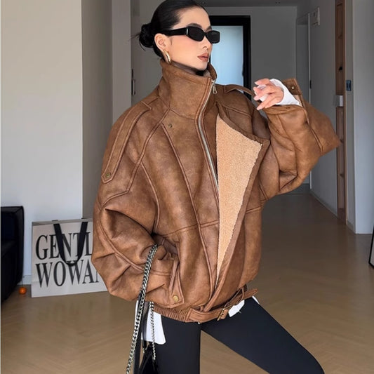 Retro damjacka – motorcykelstil i PU-läder med slagkrage & tjock fuskpälsfoder