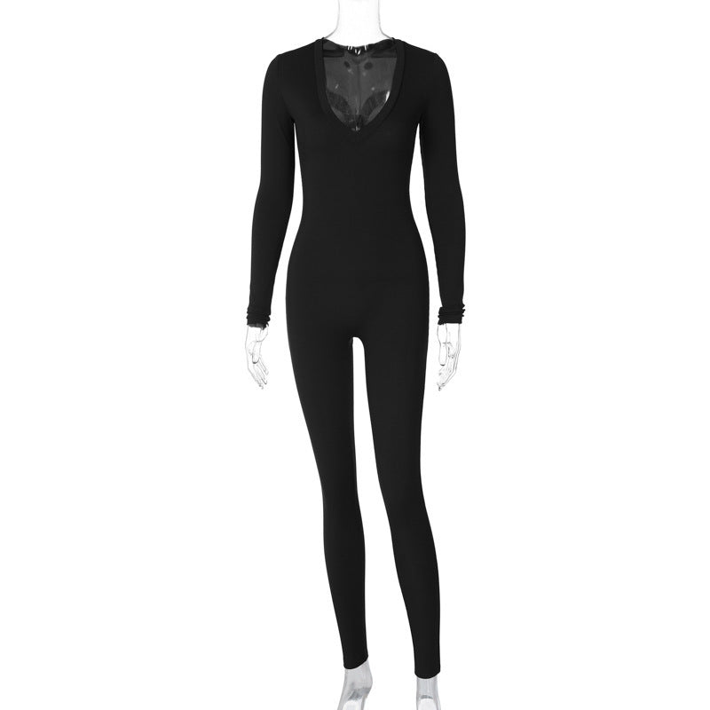 Jumpsuit dam – figurnära långärmad sport byxdress i enfärgad design