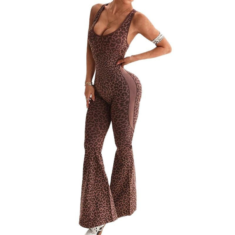 Leopardmönstrad Jumpsuit – Slim Fit Halterneck med V-ringning & Rygglös Design