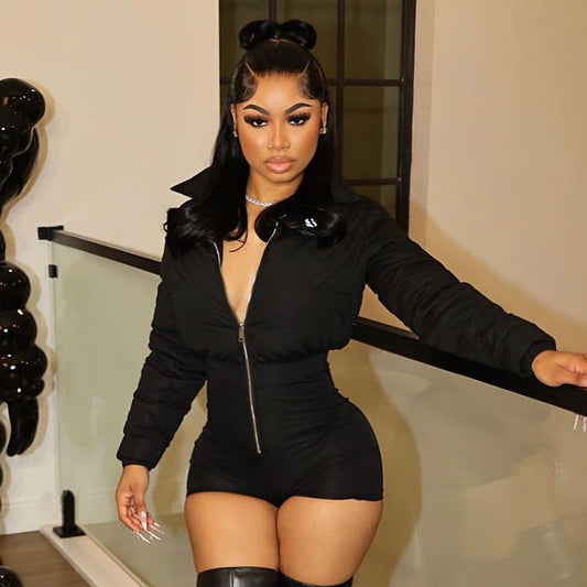 Jumpsuit set dam – figurnära vadderad jumpsuit med stretch & kort slim jacka