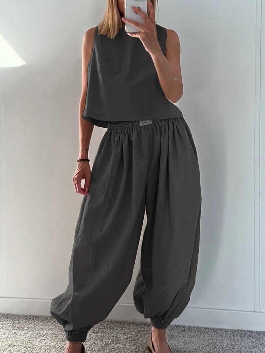 Tvådelat Set Dam – Ärmlös Topp med Vida Byxor i Lös Passform