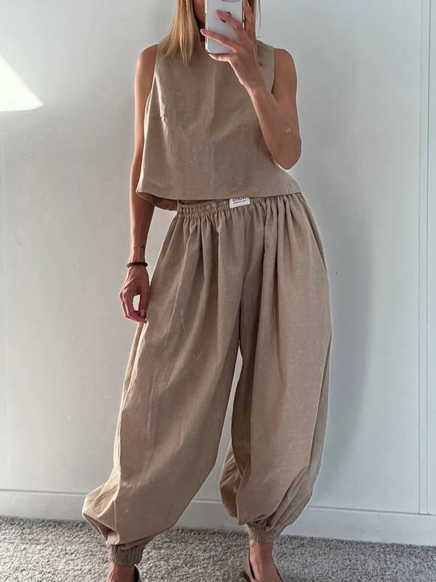 Tvådelat Set Dam – Ärmlös Topp med Vida Byxor i Lös Passform
