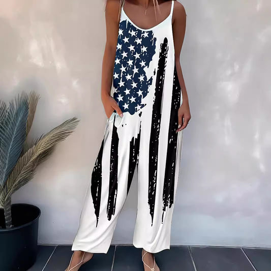 Damjumpsuit – casual byxdress med mönster & smala axelband