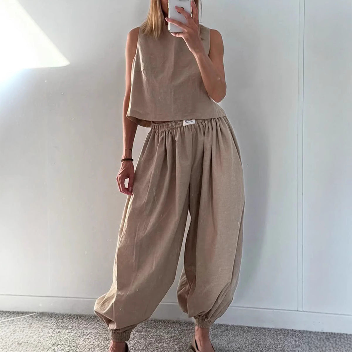 Tvådelat Set Dam – Ärmlös Topp med Vida Byxor i Lös Passform