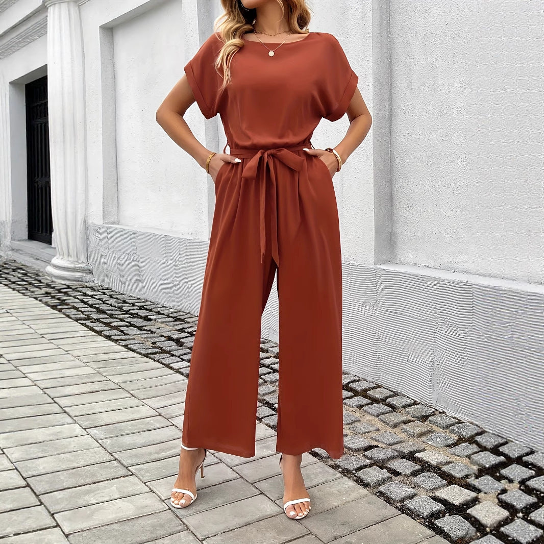 Jumpsuit Dam – Enfärgad Moderiktig Byxdress med Rund Hals & Midjebälte