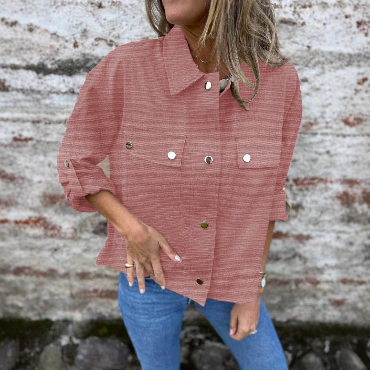 Kort Stickad Jacka Dam – Europeisk & Amerikansk Höst/Vinterjacka med Uppvikta Ärmar