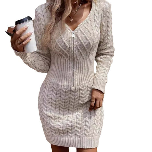 Stickad Klänning för Dam – Präglad Design med Dragkedja & Casual Stil