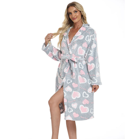 Morgonrock Dam – Varm Nattrock i Dubbel­sidig Plysch/Velvet med Hjärttryck, Långärmad & Skärp, Perfekt för Höst & Vinter
