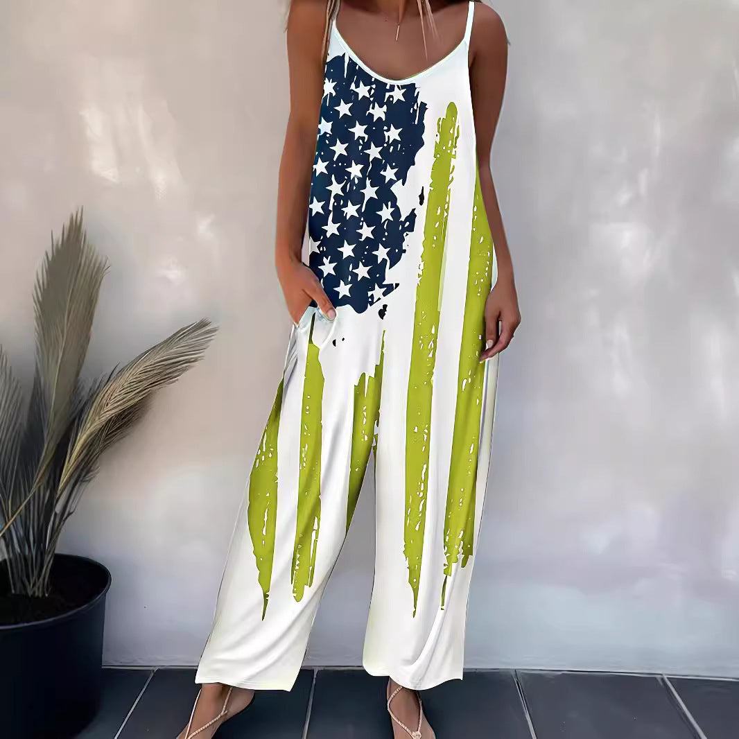 Damjumpsuit – casual byxdress med mönster & smala axelband