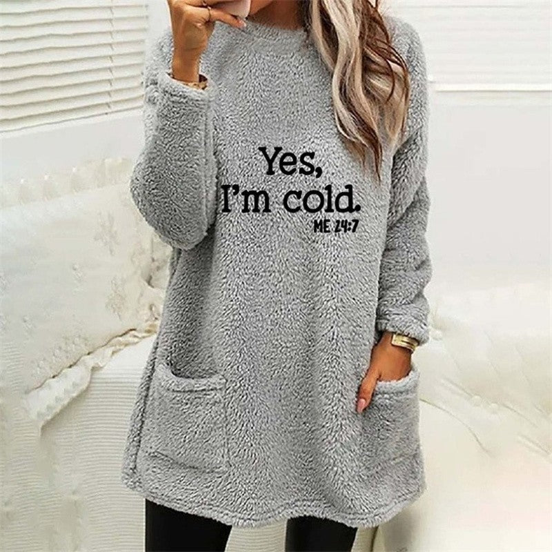 Damsweatshirt – långärmad pullover i dubbelsidig sammet med tryck, rund hals & ficka