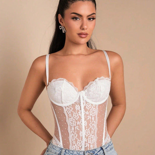 SpetsBodysuit för Dam – Låg Ringning med Mesh, Polkadots & Stålringstöd