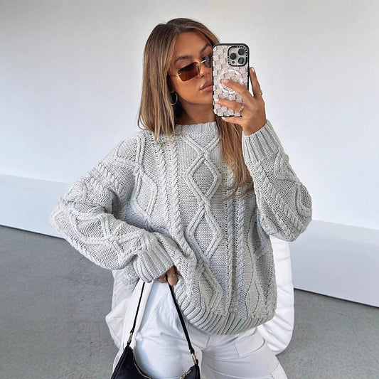 Stickad Kofta Dam – Långärmad Lös Cardigan med Twistmönster för Höst & Vinter