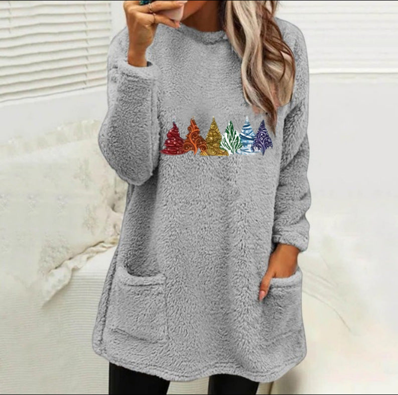 Damsweatshirt – långärmad pullover i dubbelsidig sammet med tryck, rund hals & ficka