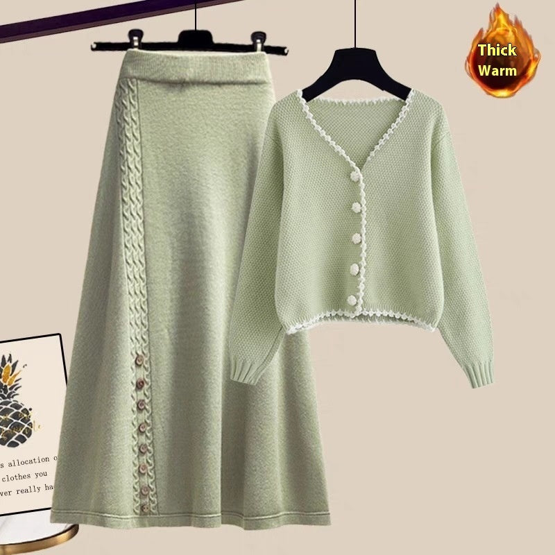 Tvådelat Set Dam – Vinterset med Stickad Tröja/Kofta & Matchande Kjol, Årets Trend
