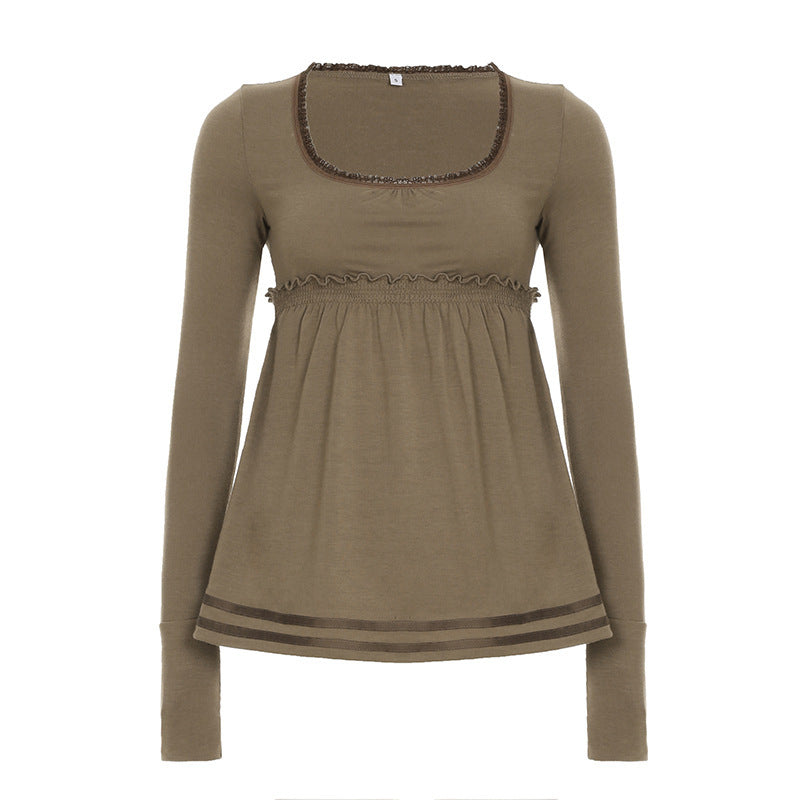 Dam T-shirt – långärmad slim fit med swing-krage & öppen rygg