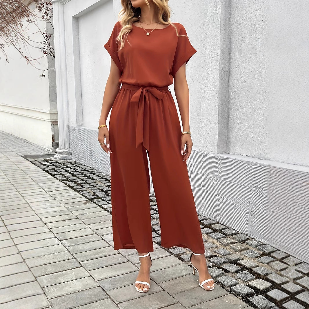 Jumpsuit Dam – Enfärgad Moderiktig Byxdress med Rund Hals & Midjebälte