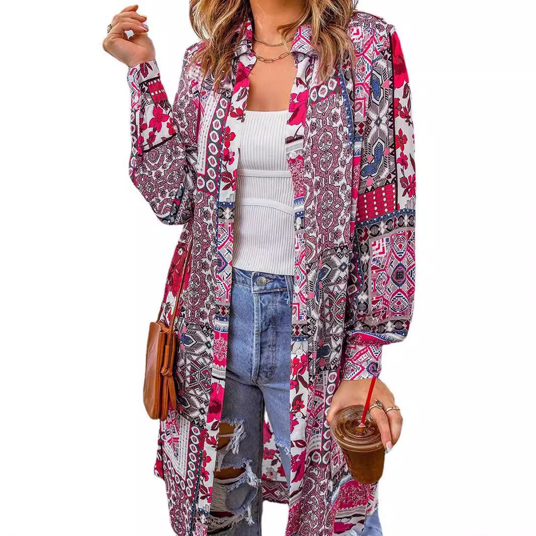 Kimono/Cardigan för Dam – Bohemisk Stil med Print, Lös Passform & Slagkrage