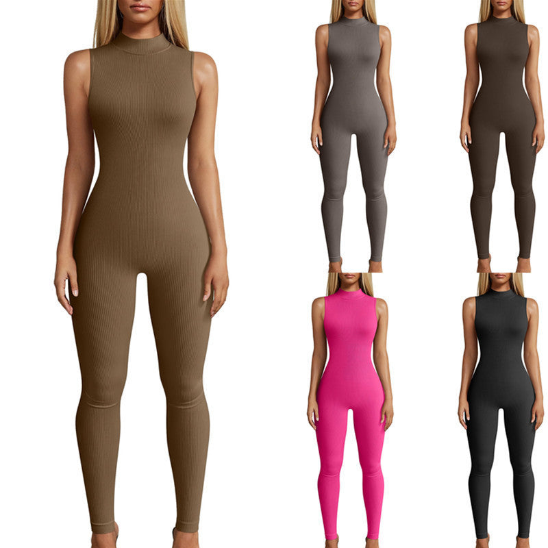Sport jumpsuit dam – ärmlös ribbad yogadräkt i slim fit design för träning