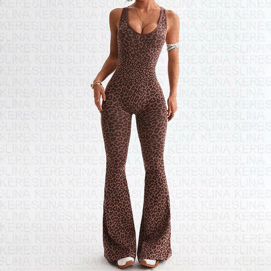 Leopardmönstrad Jumpsuit – Slim Fit Halterneck med V-ringning & Rygglös Design