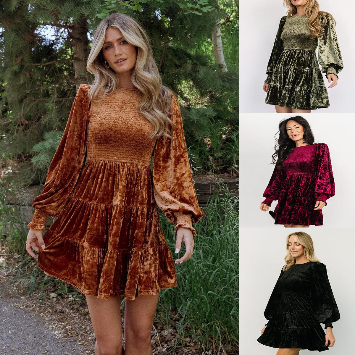 Damklänning – långärmad med volangdetaljer & rund halsringning