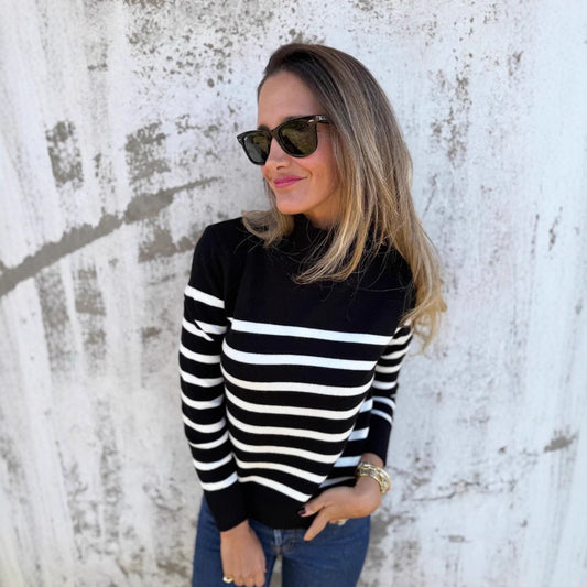 Randig Polotröja Dam – Stickad Tröja med Knappdetaljer