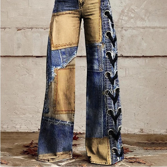 Vida Byxor Dam – Patchwork Mönstrade High Rise Byxor med Rak Benvidd