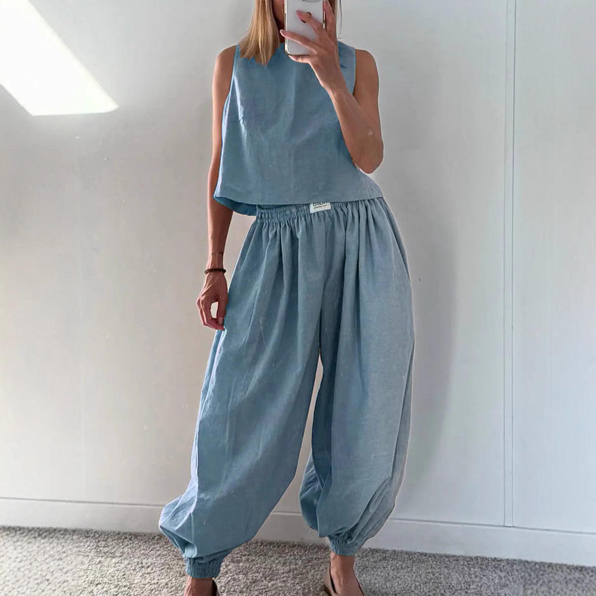 Tvådelat Set Dam – Ärmlös Topp med Vida Byxor i Lös Passform