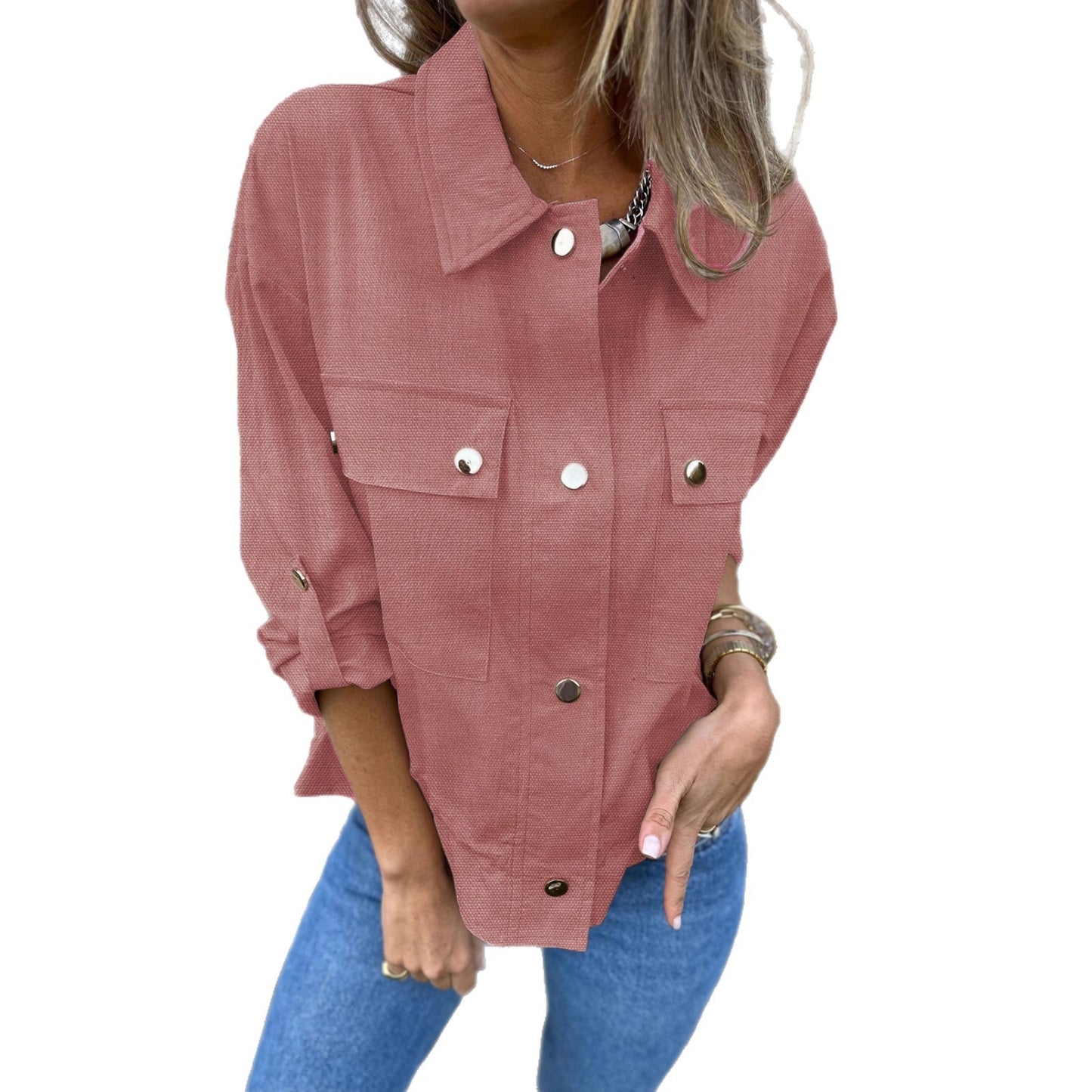 Kort Stickad Jacka Dam – Europeisk & Amerikansk Höst/Vinterjacka med Uppvikta Ärmar