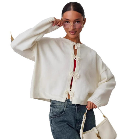 Damtröja – stickad cardigan i casual stil med knytskärp, lös passform & enfärgad design