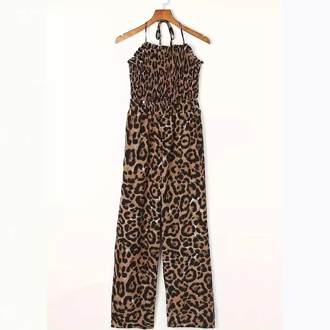 Trendig Leopard Jumpsuit – Figurnära One-Piece med Halter & Djup Rygg