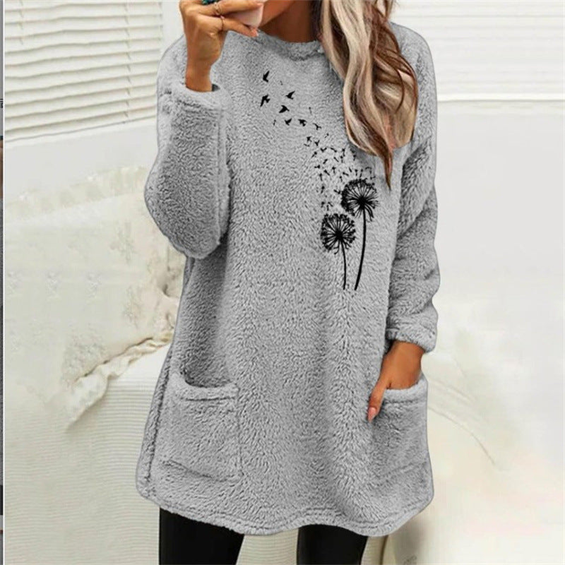 Damsweatshirt – långärmad pullover i dubbelsidig sammet med tryck, rund hals & ficka