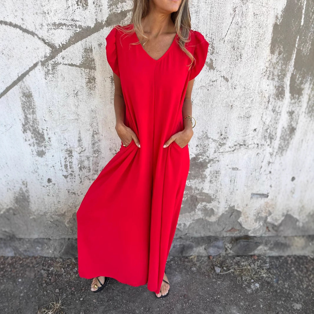 Women's V-neck Backless Loose Wide-leg Jumpsuit