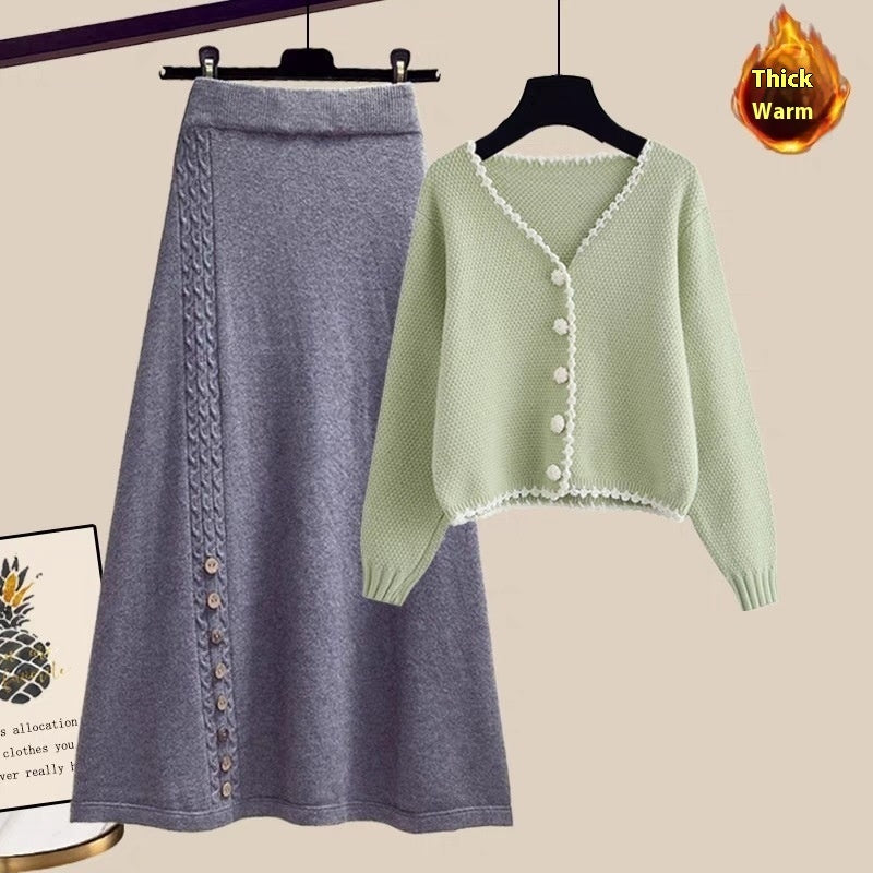 Tvådelat Set Dam – Vinterset med Stickad Tröja/Kofta & Matchande Kjol, Årets Trend