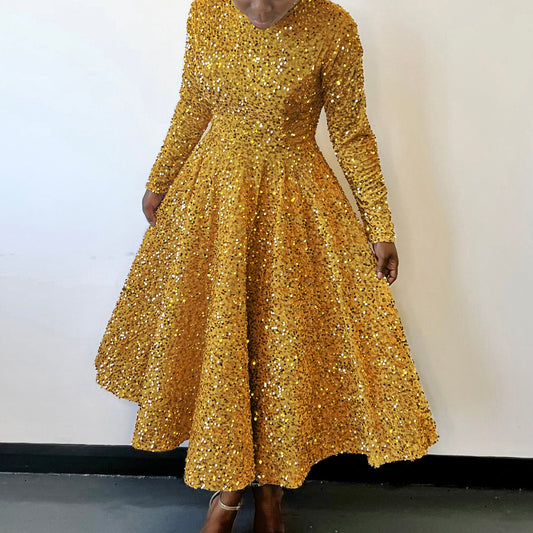 Damklänning – Rund Hals, Långärmad & Enfärgad med Paljetter – Midjelång Formell