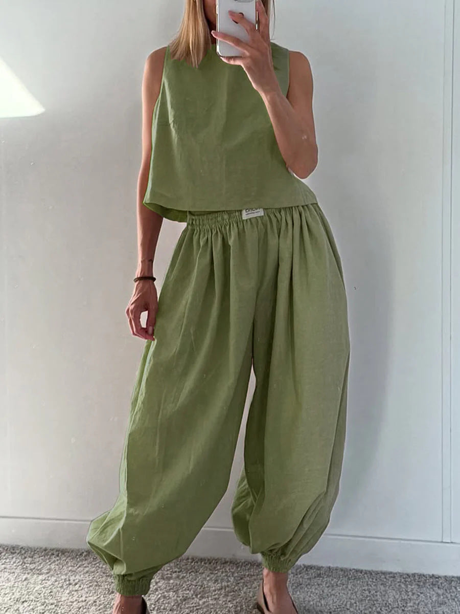 Tvådelat Set Dam – Ärmlös Topp med Vida Byxor i Lös Passform