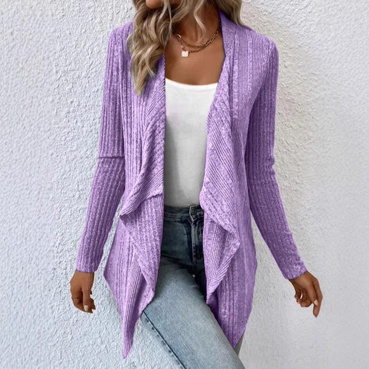 Stickad Kofta för Dam – Enfärgad med Ribbad Design & Långärmad