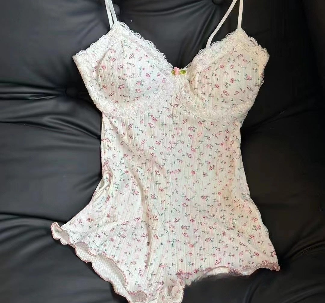 Blommig Bodsuit för Dam – Djup V-ringning, Slim Fit & Ärmlös