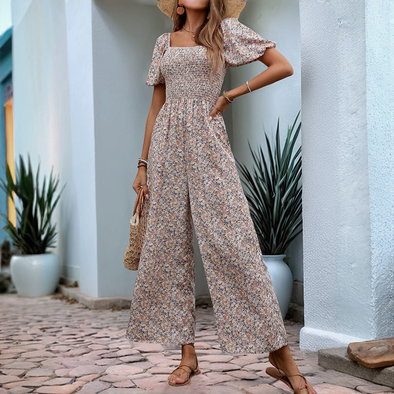 Trendig Jumpsuit – Blommigt Mönster med Square Neck & Puffärmar, Perfekt för Semester