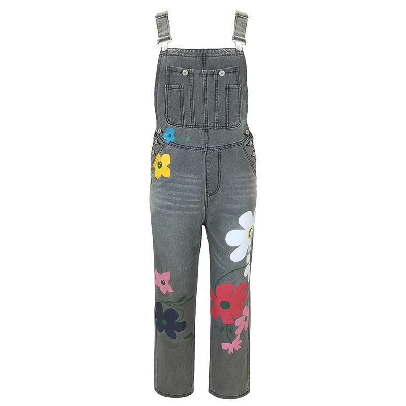 Denim Overall Dam – Klassisk Högmidjad Jeansjumpsuit med Lös Passform, Raka Ben & Unik Printdesign