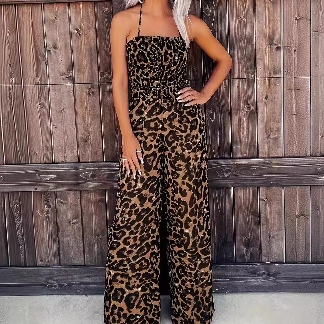 Trendig Leopard Jumpsuit – Figurnära One-Piece med Halter & Djup Rygg
