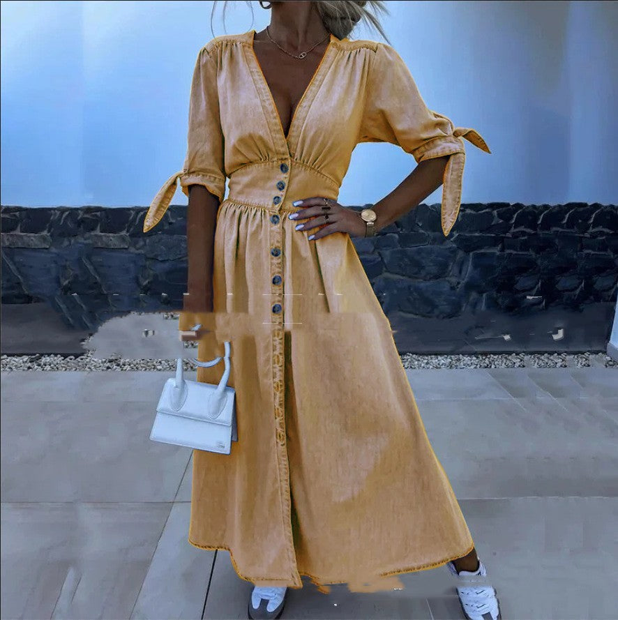 Damklänning – midilång cardigan-klänning i fejk Denim med midjemarkering & enkelknäppning