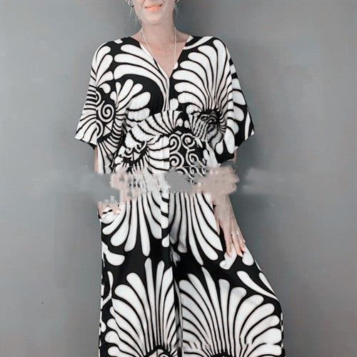 Plus Size Jumpsuit för Dam – V-ringad med Hög Midja & Print