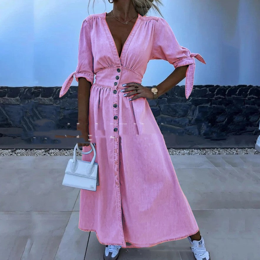 Damklänning – midilång cardigan-klänning i fejk Denim med midjemarkering & enkelknäppning