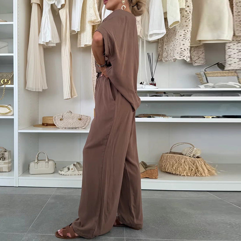 Tvådelat Set Dam – Modernt Enfärgat Set med Rundhalsad Kortärmad Topp & Knytbyxor